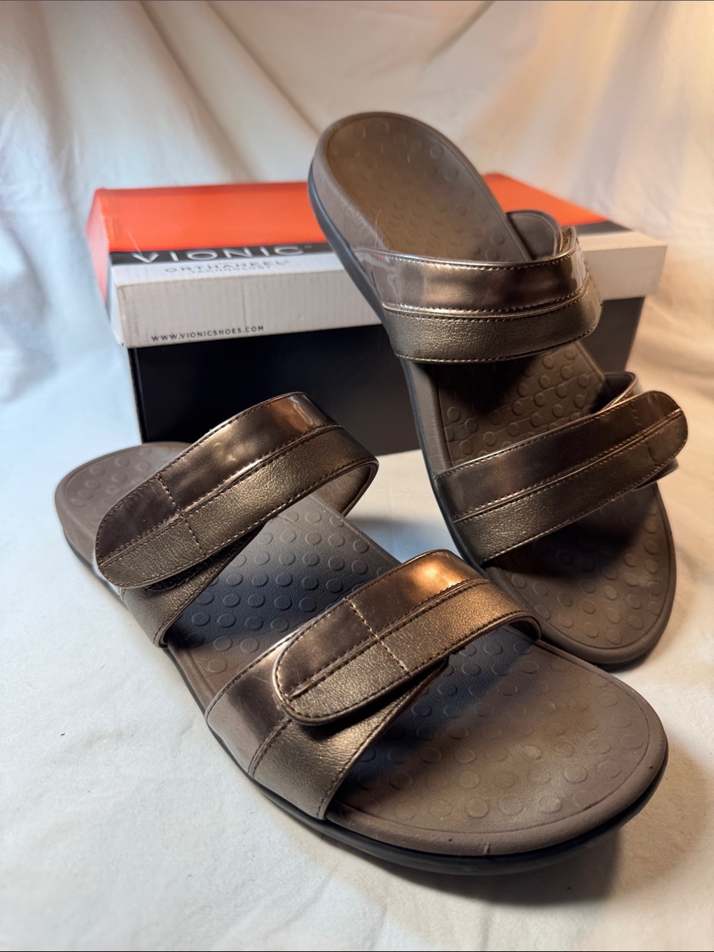 Vionic Bronze Metallic Double-Strap Slide Sandals size 11